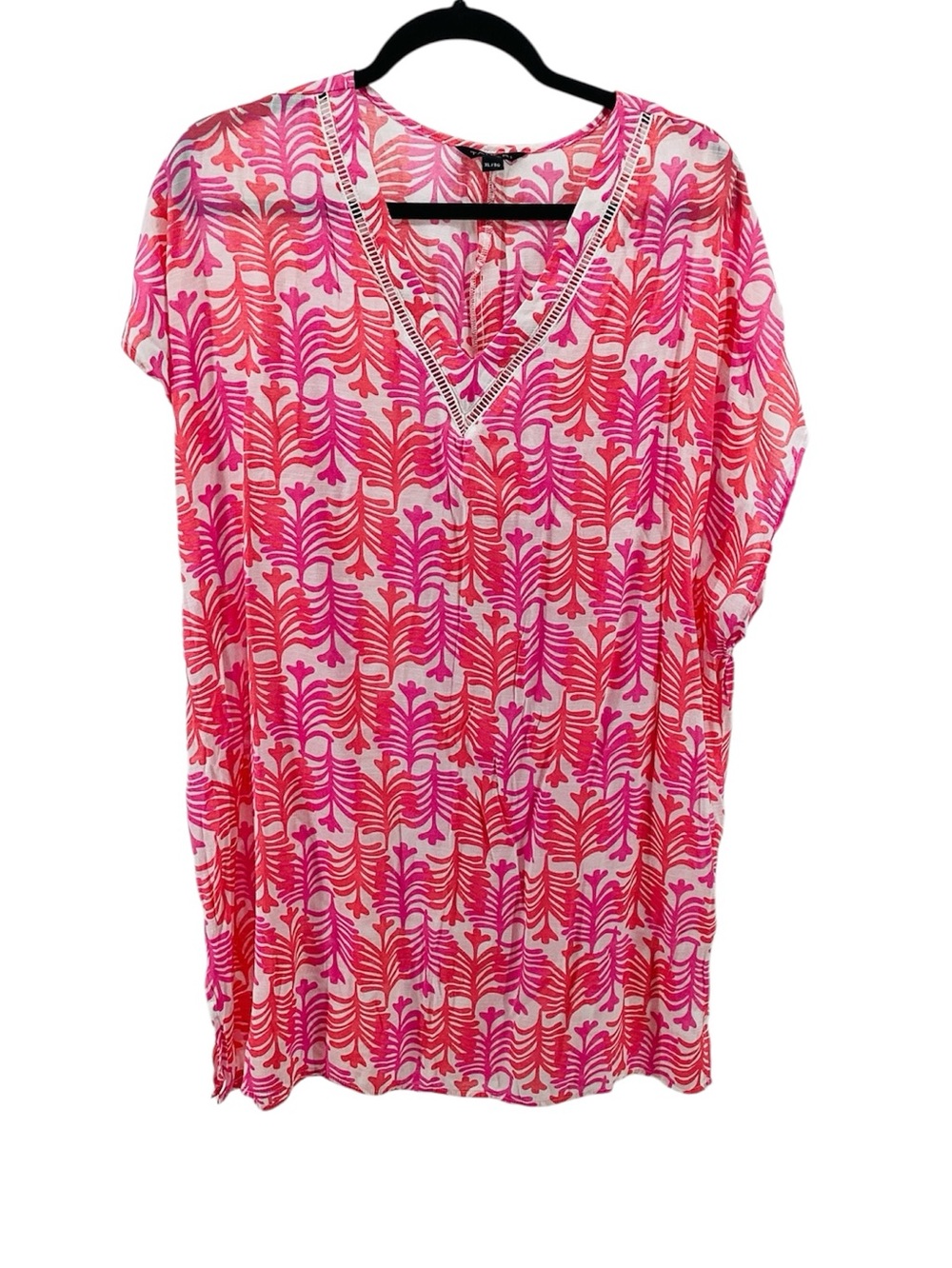 💚 Tahari V-Neck Pink & Coral Patterned Tunic, Size XL